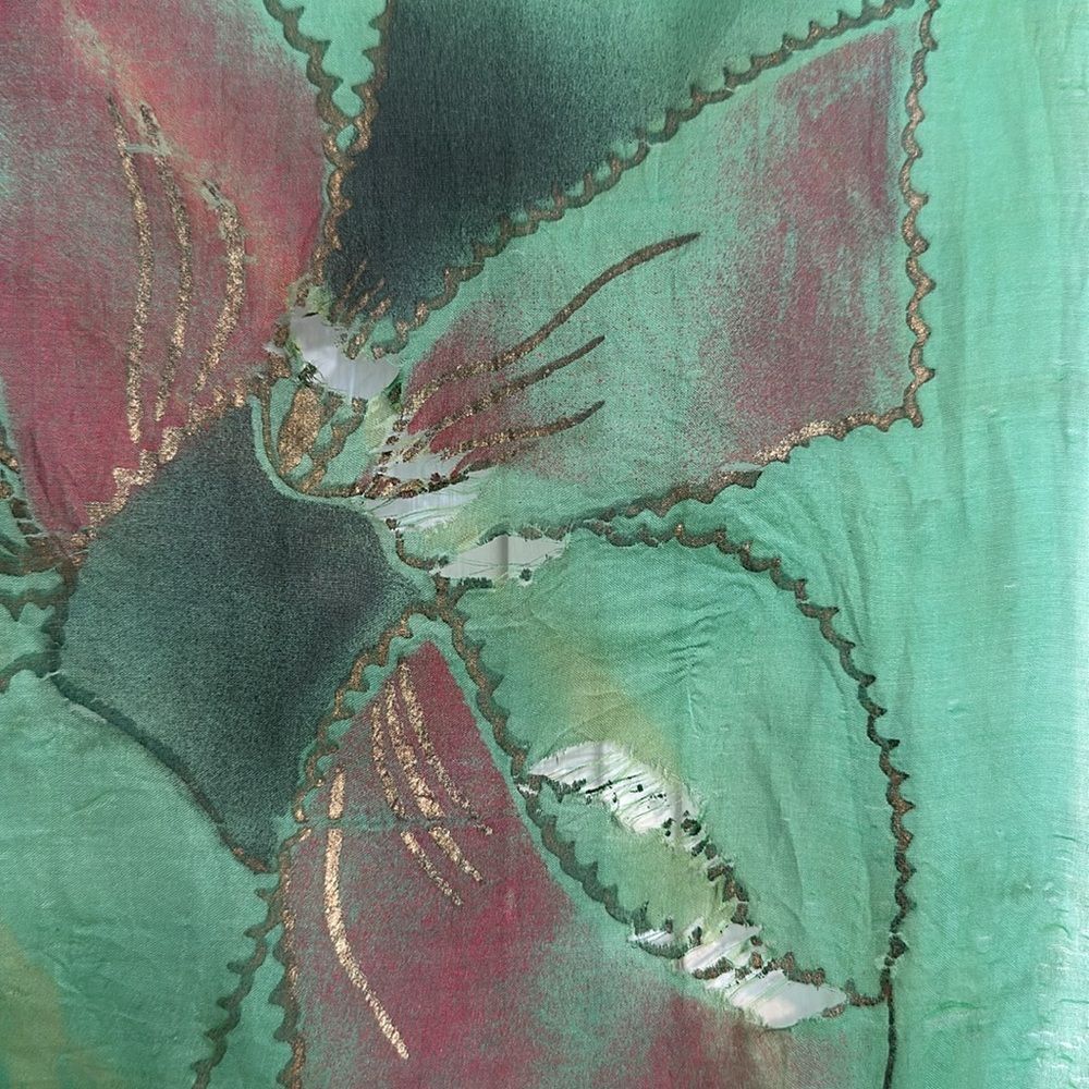 Vtg Brico 5 1/2 Momme green silk artsilk scarf painted with butterflies- AS IS - Picture 9 of 11